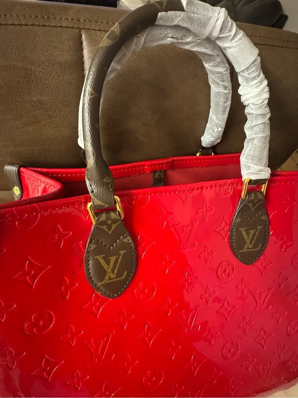 INSPIRED Medium Red Monogram Patent Tote